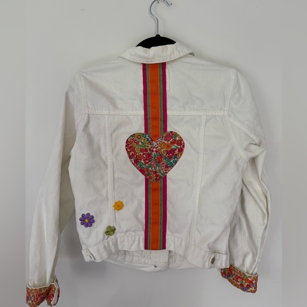 Collusion Denim Jacket Womens White Jean Embroidered Colorful OOAK Size 6 - Picture 2 of 9